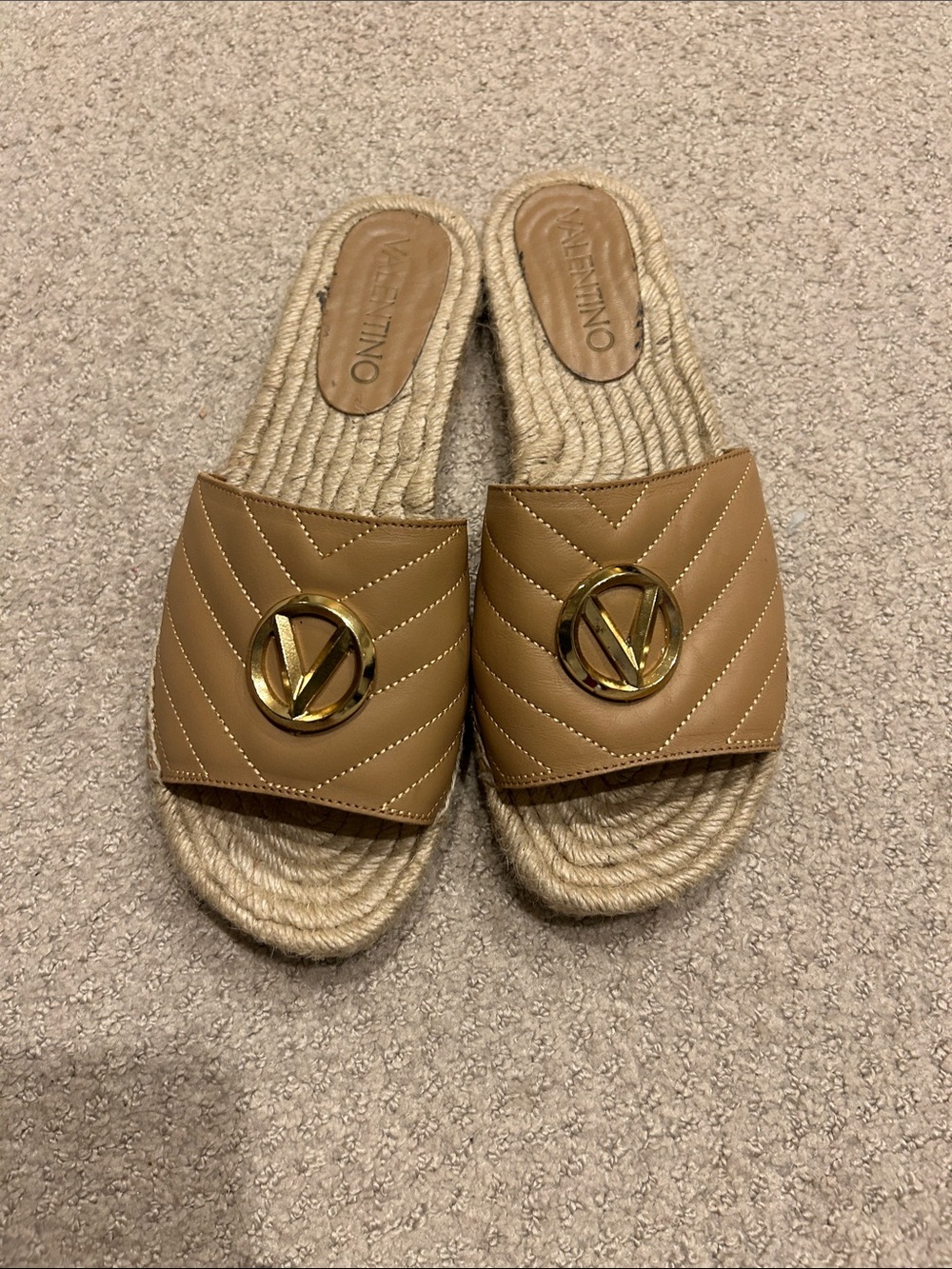 Valentino Garavani Quilted Tan Slide Mules with Gold V Logo